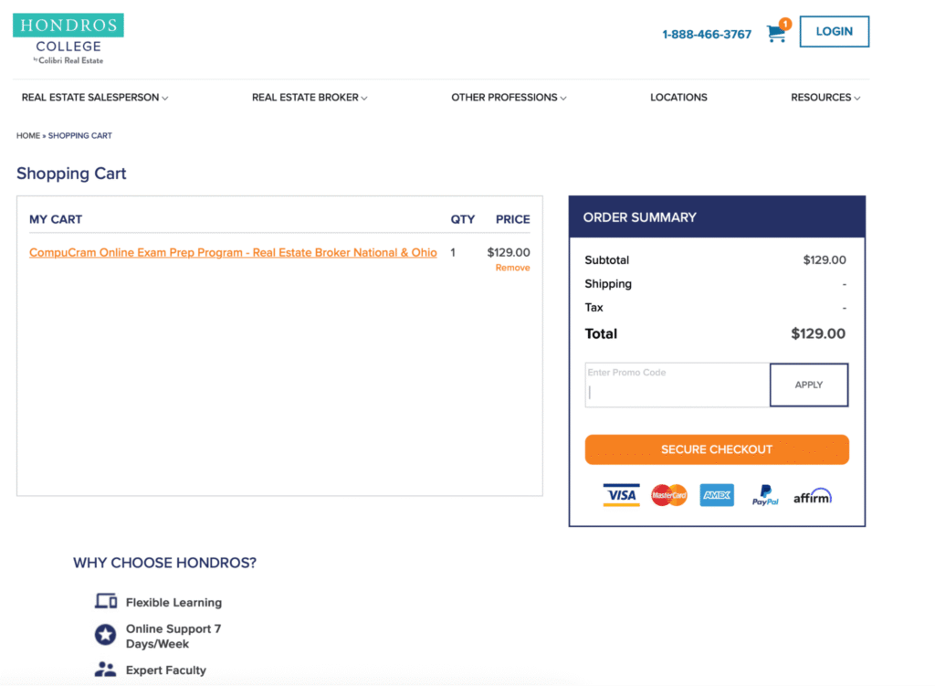 Hondros College checkout with an Enter Promo Code field